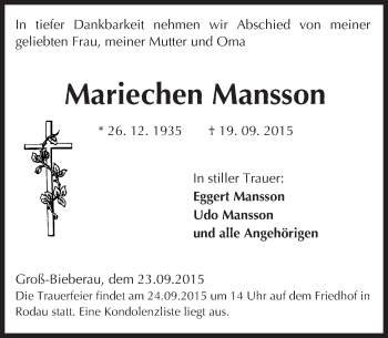 Traueranzeige von Mariechen Mansson von trauer.echo-online.de