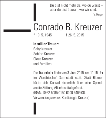 Traueranzeige von Conrado B. Kreuzer von Echo-Zeitungen (Gesamtausgabe)