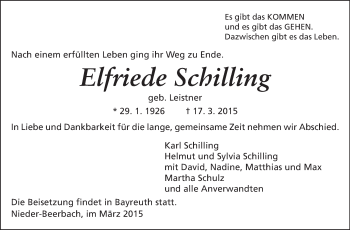 Traueranzeige von Elfriede Schilling von Echo-Zeitungen (Gesamtausgabe)
