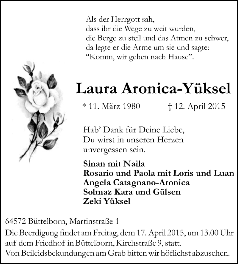  Traueranzeige für Laura Aronica-Yüksel vom 15.04.2015 aus Rüsselsheimer Echo, Groß-Gerauer-Echo, Ried Echo