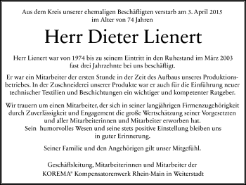 Traueranzeige von Dieter Lienert von Echo-Zeitungen (Gesamtausgabe)