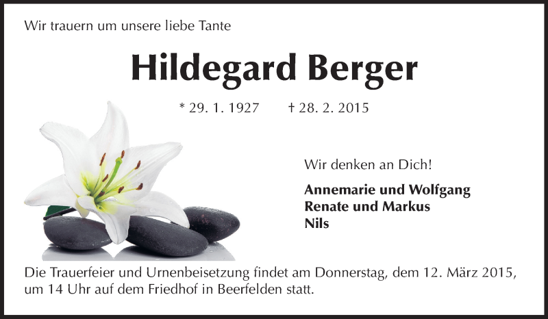  Traueranzeige für Hildegard Berger vom 07.03.2015 aus Odenwälder Echo
