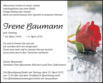 Traueranzeige von Irene Baumann von Odenwälder Echo