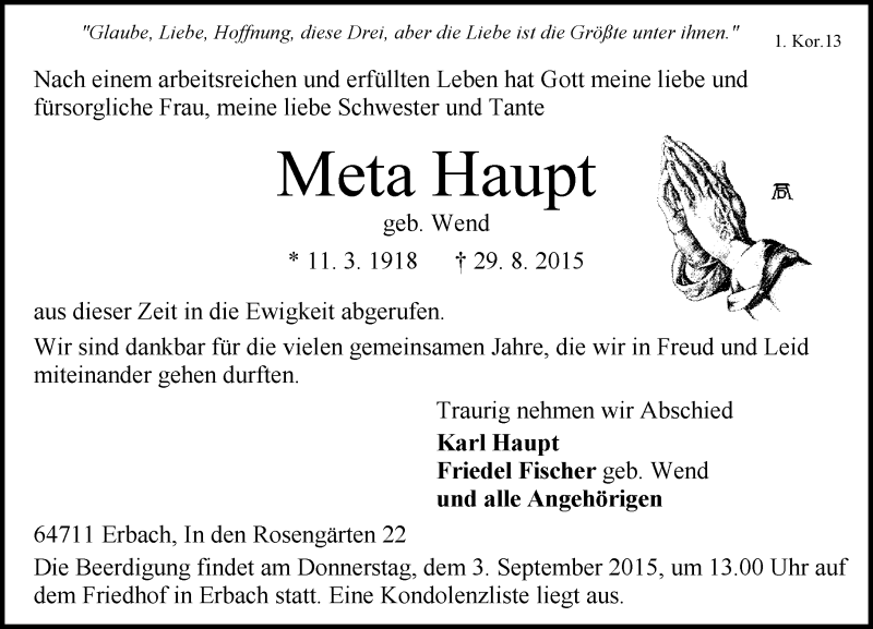  Traueranzeige für Meta Haupt vom 01.09.2015 aus trauer.echo-online.de