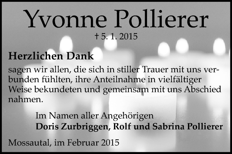  Traueranzeige für Yvonne Pollierer vom 07.02.2015 aus Odenwälder Echo