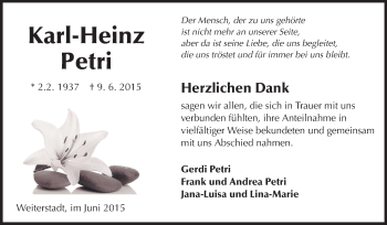 Traueranzeige von Karl-Heinz Petri von Echo-Zeitungen (Gesamtausgabe)
