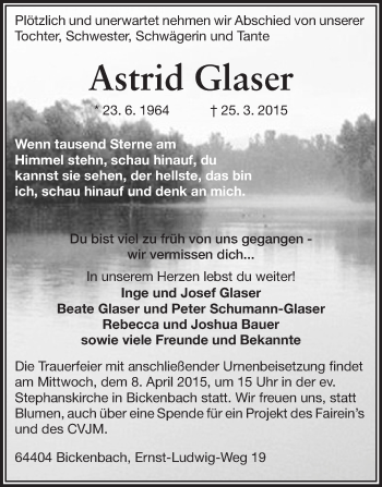 Traueranzeige von Astrid Glaser von Echo-Zeitungen (Gesamtausgabe)