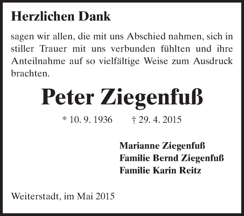  Traueranzeige für Peter Ziegenfuß vom 23.05.2015 aus Echo-Zeitungen (Gesamtausgabe)