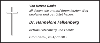 Traueranzeige von Hannelore Falkenberg von Rüsselsheimer Echo, Groß-Gerauer-Echo, Ried Echo