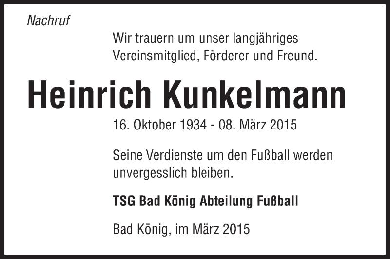  Traueranzeige für Heinrich Kunkelmann vom 17.03.2015 aus Odenwälder Echo
