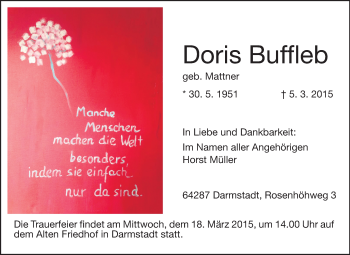 Traueranzeige von Doris Buffleb von Echo-Zeitungen (Gesamtausgabe)