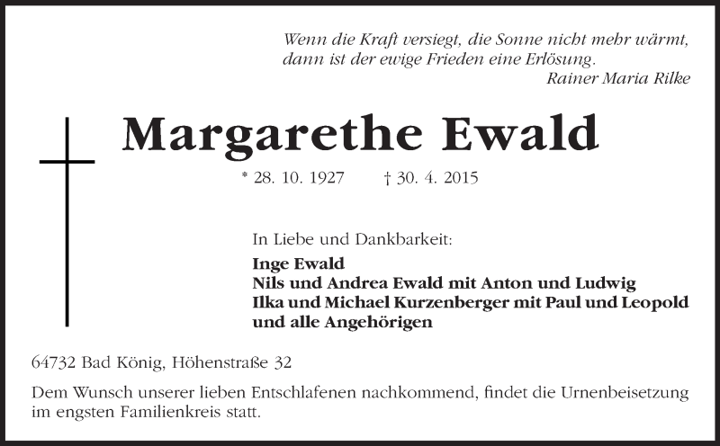  Traueranzeige für Margarethe Ewald vom 06.05.2015 aus Odenwälder Echo