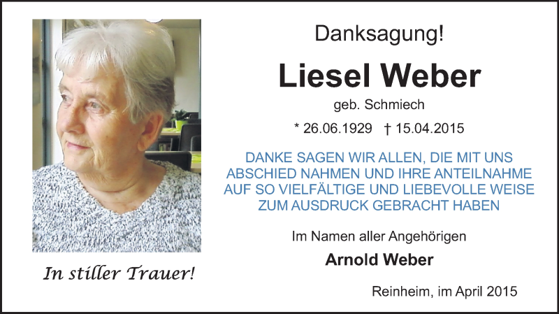  Traueranzeige für Liesel Weber vom 02.05.2015 aus Darmstädter Echo, Odenwälder Echo, Rüsselsheimer Echo, Groß-Gerauer-Echo, Ried Echo