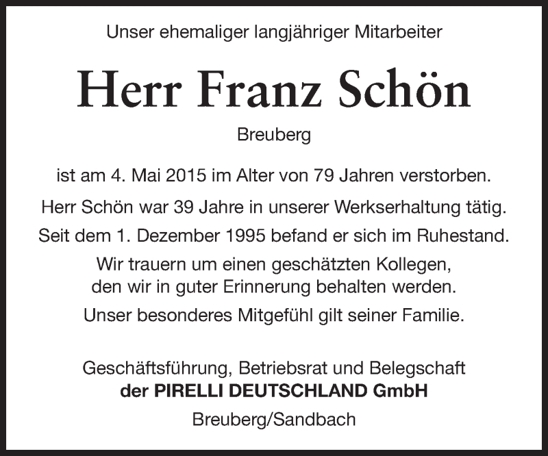  Traueranzeige für Franz Schön  vom 19.05.2015 aus Odenwälder Echo