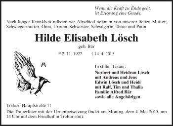 Traueranzeige von Hilde Elisabeth Lösch von Rüsselsheimer Echo, Groß-Gerauer-Echo, Ried Echo
