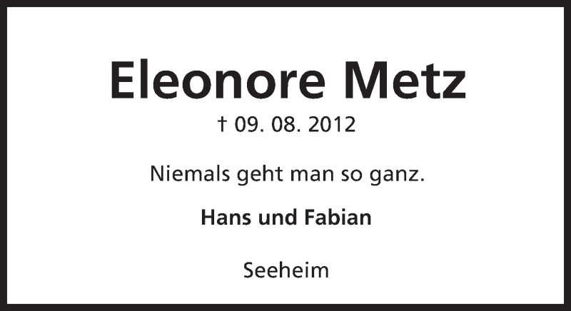  Traueranzeige für Eleonore Metz vom 08.08.2015 aus trauer.echo-online.de