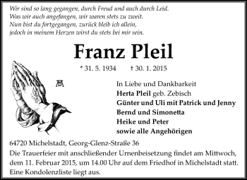 Traueranzeige von Franz Pleil von Odenwälder Echo