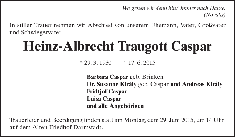  Traueranzeige für Heinz-Albrecht Caspar vom 27.06.2015 aus Echo-Zeitungen (Gesamtausgabe)