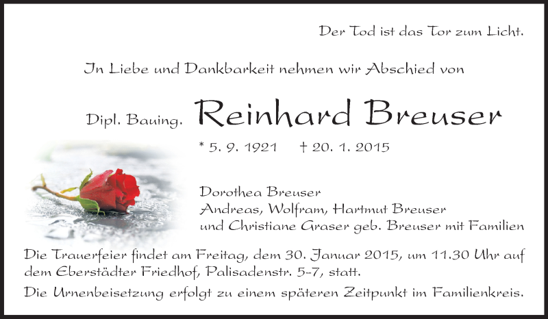 Traueranzeige für Reinhard Breuser vom 24.01.2015 aus Echo-Zeitungen (Gesamtausgabe)