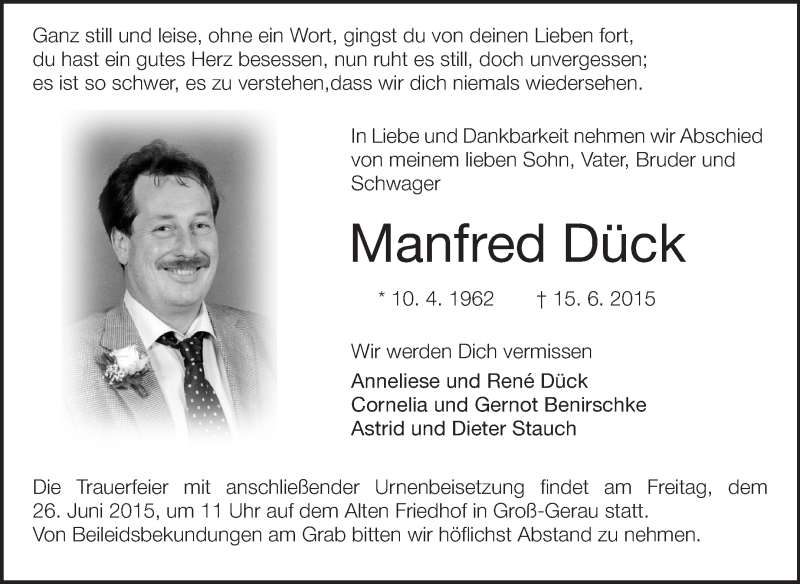 Traueranzeige für Manfred Dück vom 20.06.2015 aus Rüsselsheimer Echo, Groß-Gerauer-Echo, Ried Echo