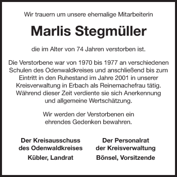 Traueranzeige von Marlis Stegmüller von Odenwälder Echo