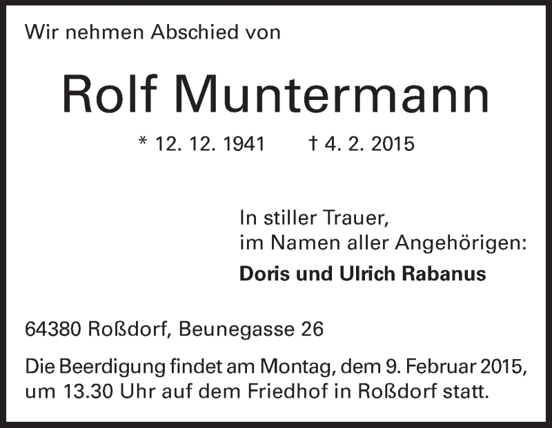  Traueranzeige für Rolf Muntermann vom 07.02.2015 aus Echo-Zeitungen (Gesamtausgabe)