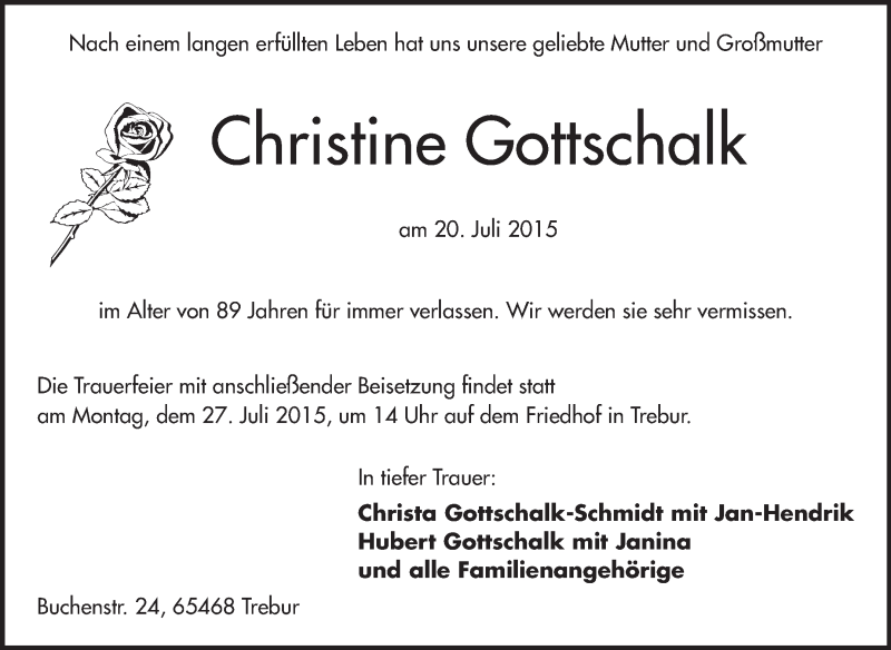  Traueranzeige für Christine Gottschalk vom 24.07.2015 aus Rüsselsheimer Echo, Groß-Gerauer-Echo, Ried Echo