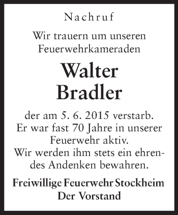 Traueranzeige von Walter Bradler von Odenwälder Echo