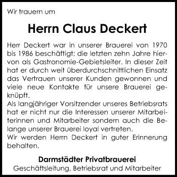 Traueranzeige von Claus Deckert von Echo-Zeitungen (Gesamtausgabe)