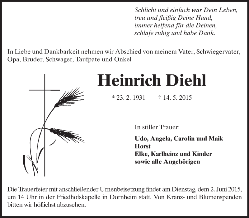  Traueranzeige für Heinrich Diehl vom 29.05.2015 aus Rüsselsheimer Echo, Groß-Gerauer-Echo, Ried Echo