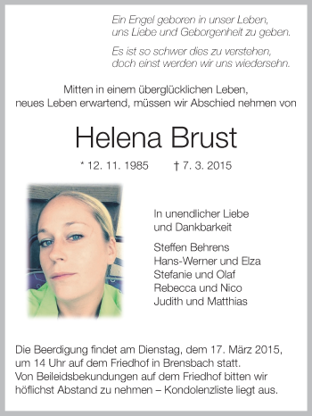 Traueranzeige von Helena Brust von Odenwälder Echo