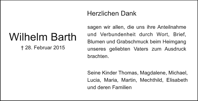  Traueranzeige für Wilhelm Barth vom 14.03.2015 aus Echo-Zeitungen (Gesamtausgabe)