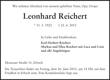 Traueranzeige von Leonhard Reichert von Odenwälder Echo