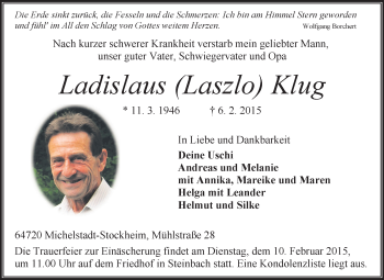 Traueranzeige von Ladislaus Laszlo Klug von Odenwälder Echo