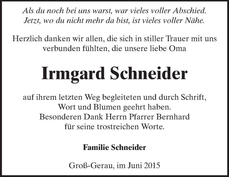  Traueranzeige für Irmgard Schneider vom 13.06.2015 aus Rüsselsheimer Echo, Groß-Gerauer-Echo, Ried Echo