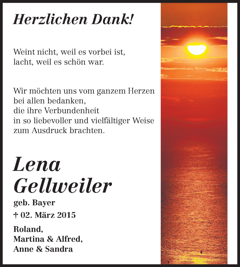  Traueranzeige für Lena Gellweiler vom 28.03.2015 aus Echo-Zeitungen (Gesamtausgabe)