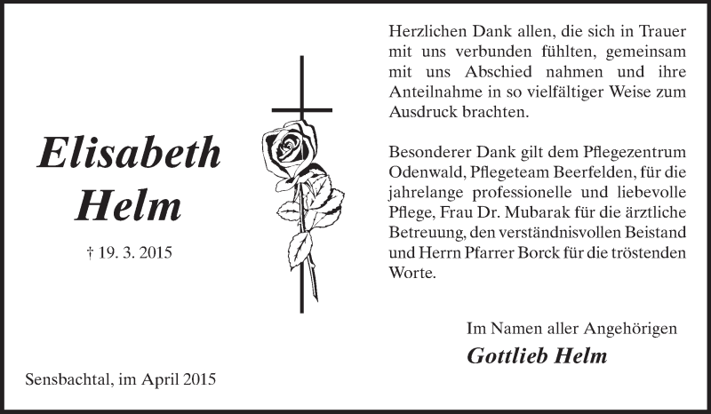  Traueranzeige für Elisabeth Helm vom 24.04.2015 aus Odenwälder Echo