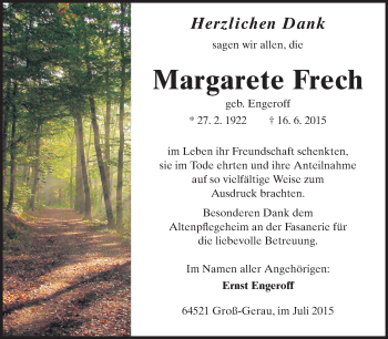 Traueranzeige von Margarete Frech von Rüsselsheimer Echo, Groß-Gerauer-Echo, Ried Echo