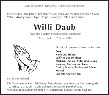 Traueranzeige von Willi Daub von Odenwälder Echo