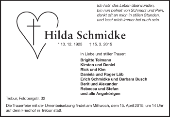 Traueranzeige von Hilda Schmidke von Rüsselsheimer Echo, Groß-Gerauer-Echo, Ried Echo