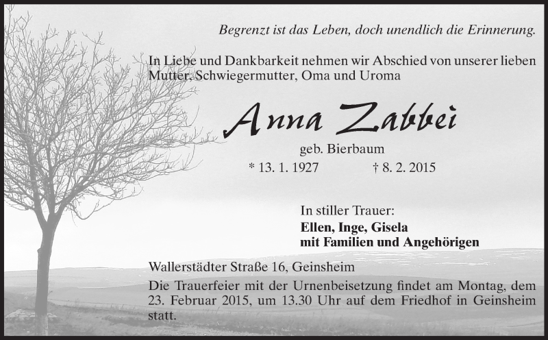  Traueranzeige für Anna Zabbei vom 20.02.2015 aus Echo-Zeitungen (Gesamtausgabe)