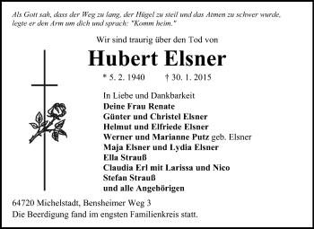 Traueranzeige von Hubert Elsner von Odenwälder Echo