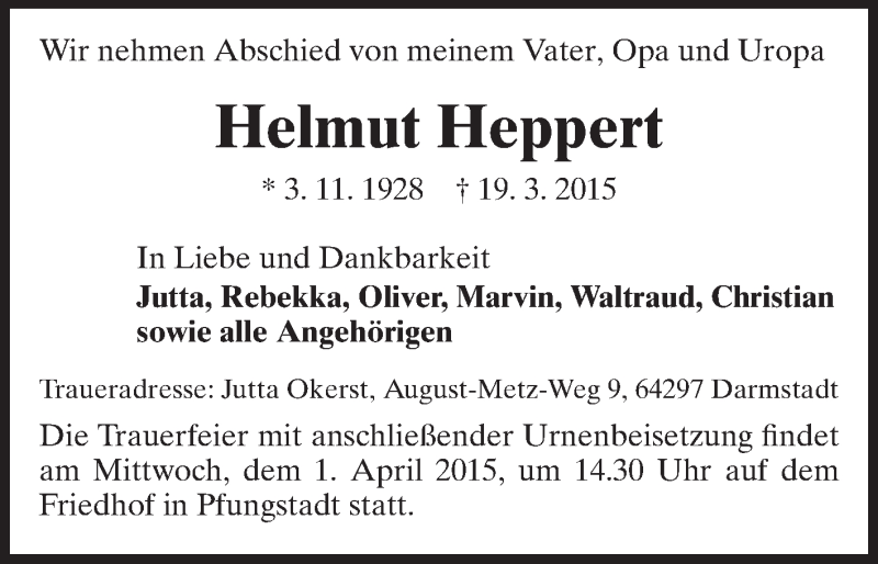  Traueranzeige für Helmut Heppert vom 28.03.2015 aus Echo-Zeitungen (Gesamtausgabe)