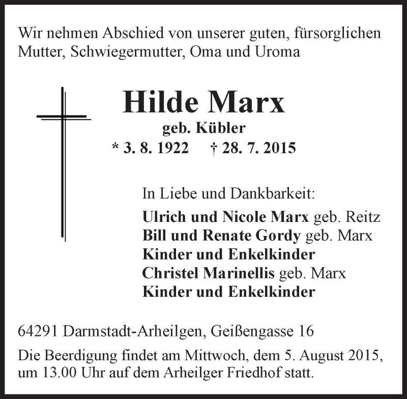  Traueranzeige für Hilde Marx vom 01.08.2015 aus trauer.echo-online.de