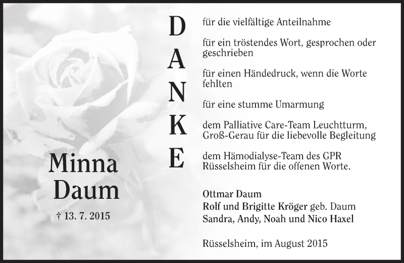  Traueranzeige für Minna Daum vom 08.08.2015 aus trauer.echo-online.de