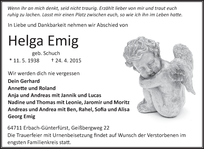  Traueranzeige für Helga Emig vom 27.04.2015 aus Odenwälder Echo
