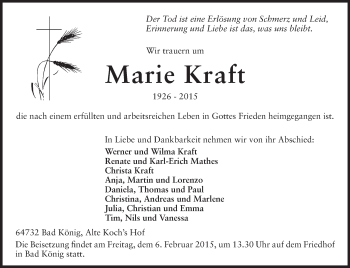 Traueranzeige von Marie Kraft von Odenwälder Echo