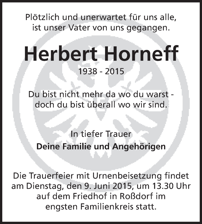  Traueranzeige für Herbert Horneff vom 06.06.2015 aus Darmstädter Echo, Odenwälder Echo, Rüsselsheimer Echo, Groß-Gerauer-Echo, Ried Echo