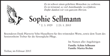 Traueranzeige von Sophie Sellmann von Rüsselsheimer Echo, Groß-Gerauer-Echo, Ried Echo