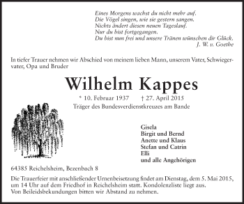 Traueranzeige von Wilhelm Kappes von Odenwälder Echo